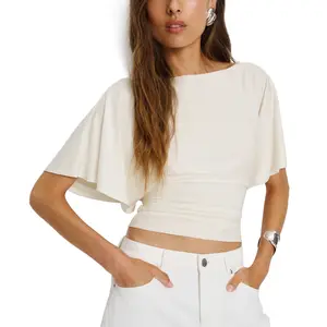 Songling Women's Cinched Waist Shirt Short-Sleeve Boat Neck Knit Top Stylish Streetwear Basic Sports T-Shirt Top Casual