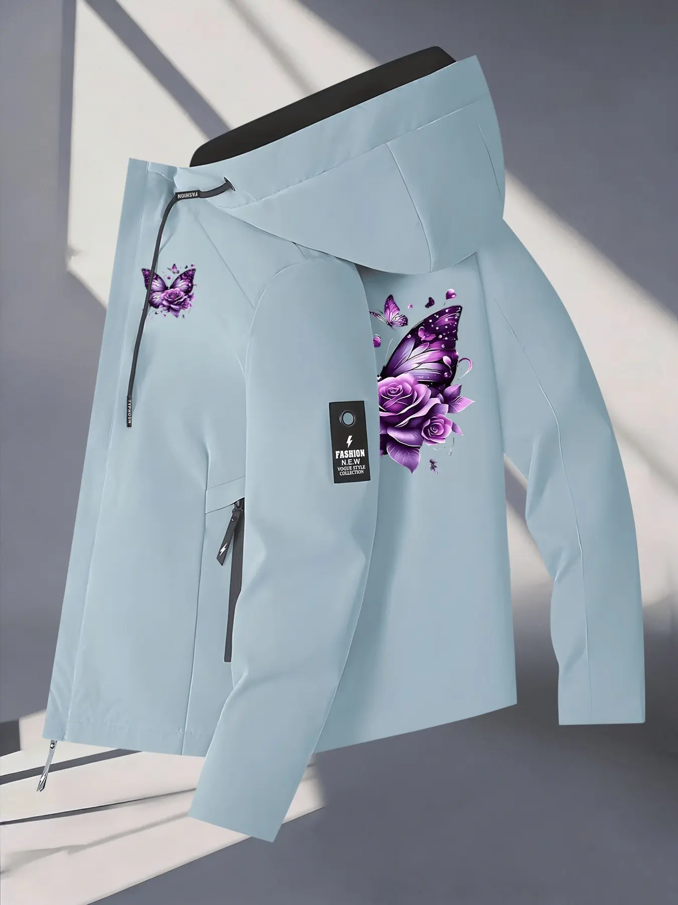Women's Hooded Windbreaker Jacket Double sided Purple Butterfly Rose Print Jacket Two Color Options Hooded Loose All Season Warm Jacket Ideal for Daily Commute Hiking Climbing Wear Skin Friendly Breathable Machine Washable Plussize