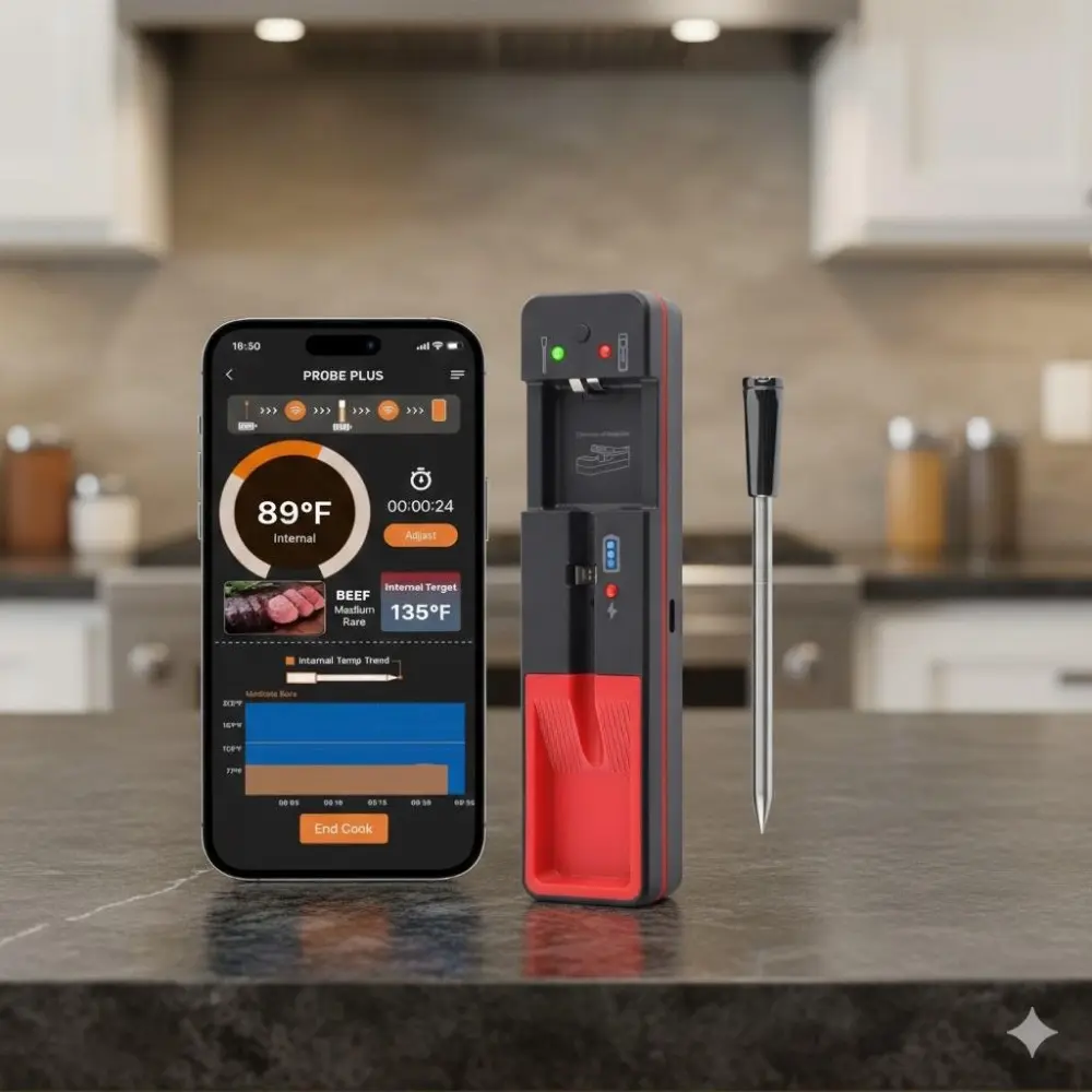 Wireless Bluetooth Meat Thermometer - Digital Cooking Thermometer, 360ft Range, High Accuracy Digital Probe for iOS/Android App Monitoring. Ideal for Grilling, Smoking, Oven, Sous Vide. Portable, Heat-Resistant, Instant Read. Kitchen Essential.