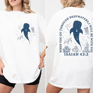 Ocean Theme DTF Iron On Sticker Whale Shark And Sea Creature Print With Bible Verse Isaiah 43:2 Motivational Faith Design Heat Transfer Decal For T Shirts Bags Hoodies DIY Clothing Accessories Waterproof Durable Fashion Patch
