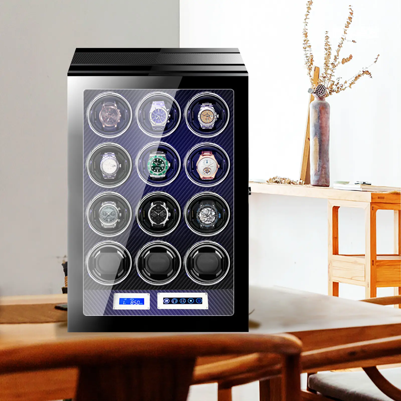 LELTNSOU 12-Slot Walnut Watch Winder with Color LED Lights & Key Lock - Quiet Premium Watch Box for High-End Men's Timepieces, Compatible with Rolex, Vacheron Constantin, Patek Philippe