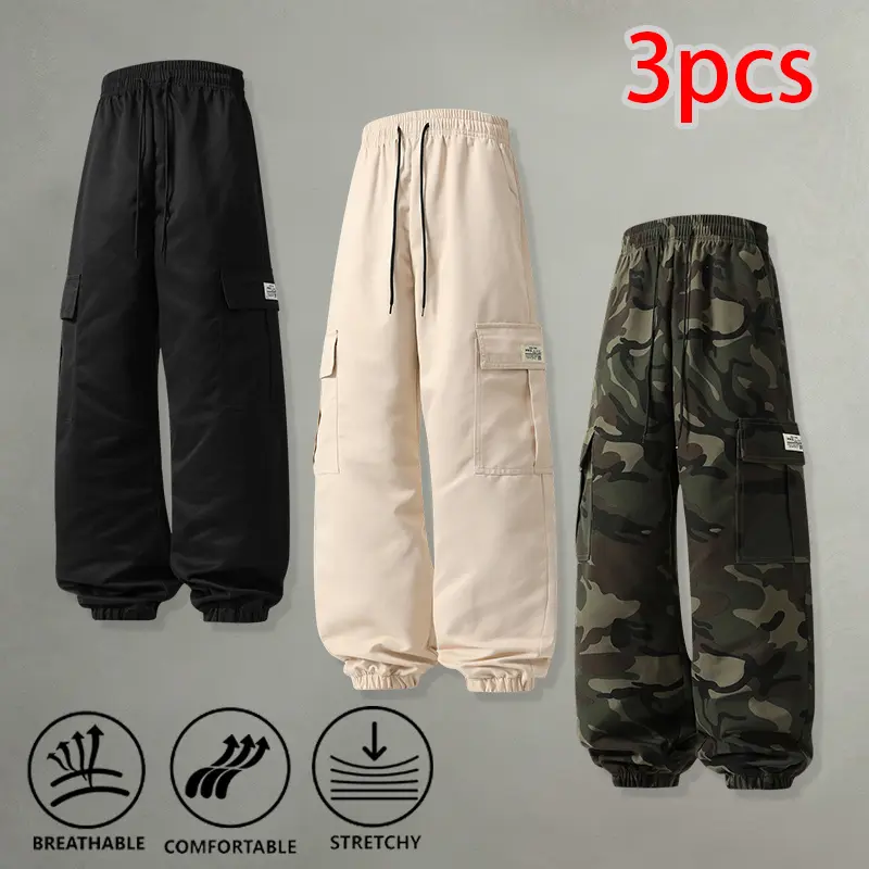 Men's 3-Pack Polyester Cargo Jogger Pants, Baggy Fit All Season Streetwear Outfits, Elastic Waist with Drawstring, Lightweight Cargo Pockets for Outdoor Camping, Casual Walking