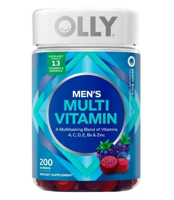 OLLY Men's Multivitamin Gummy, 200 Gummies, A Multitasking Blend of vitamins: A, C, D, E; Bs & Zinc. Total of 13 vitamins & minerals. Gluten free. Blend of blackberriy and juicy pomegranate flavors. No synthetic flavors or colors