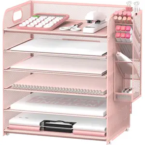 6 Tier Paper Organizer With 4 Pen Holders, Mesh Desk Letter Tray With Handle, File Organizer for A4 Folder, Rose Pink
