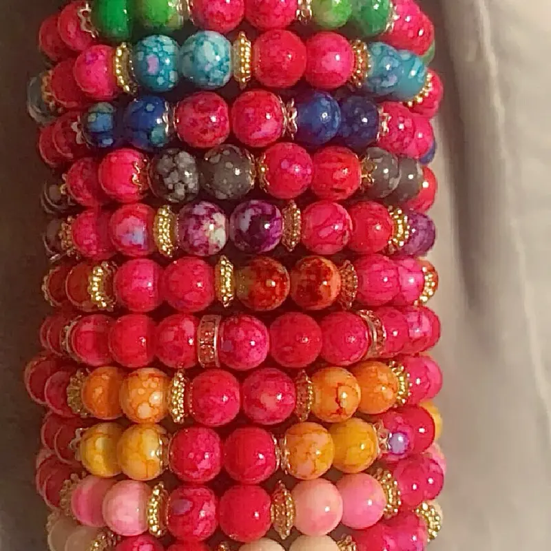 Dark Pink Marble 8mm Beaded Bracelet - Colorful Beads with Unique Designs and Decorative Element