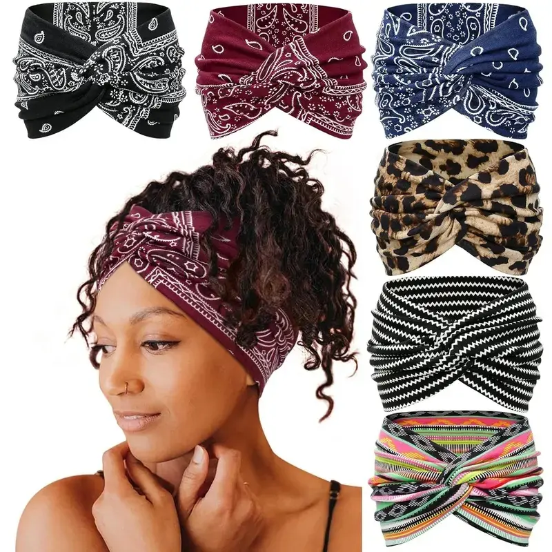 Bohemian Wide Headband Set of 6 – Yoga Sweatband for Women, Breathable Workout Hairband, Boho Sports Headwrap for Running & Fitness, Ideal for Yoga and Running