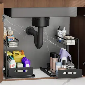 Double Pull Out Kitchen Bathroom Organizer and Storage,Slide Out Sink Rack Cabinet Storage Rack,Multifunctional Cabinet Organizer for Home