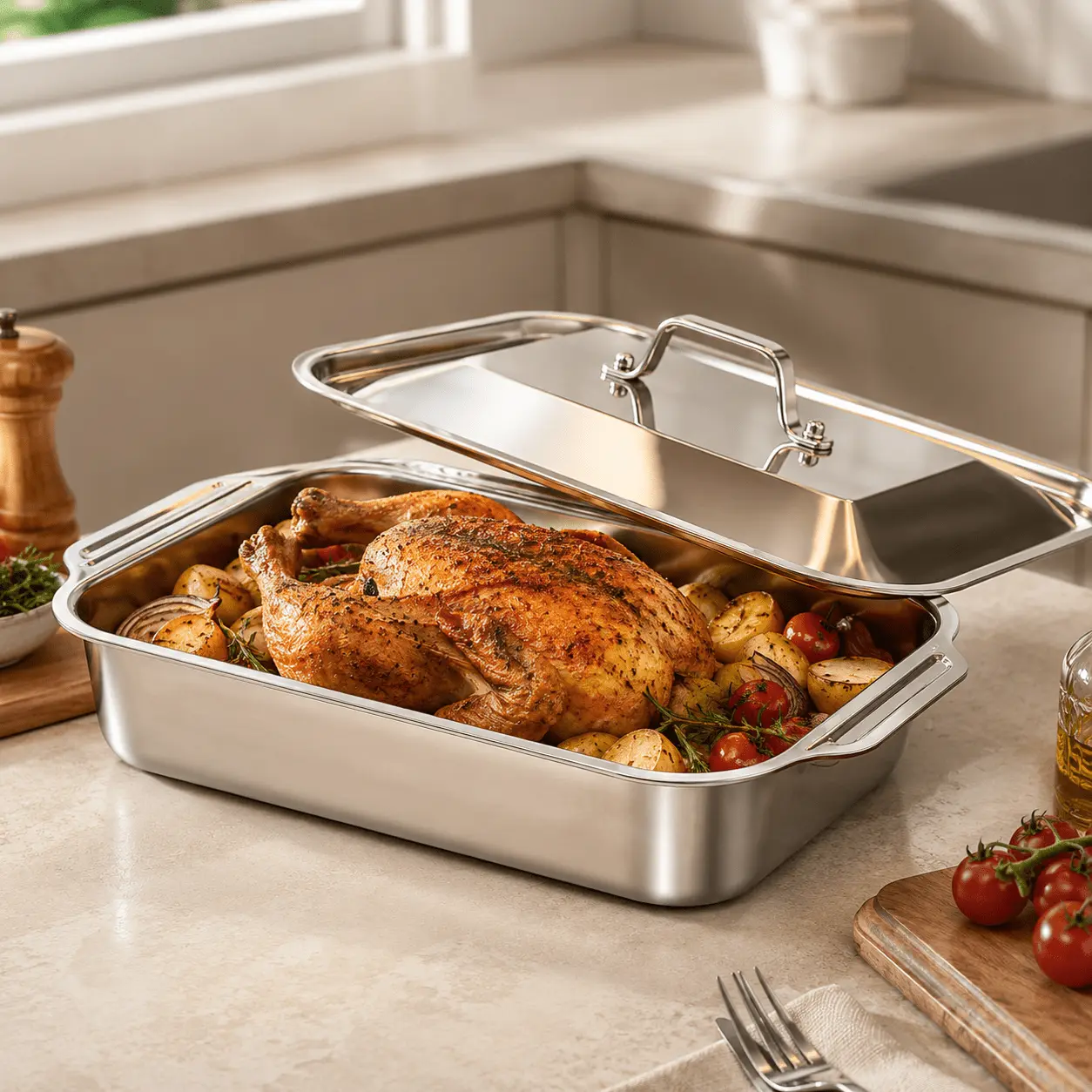 Stainless Steel Roasting Pan with Lid, Large Capacity 304 Steel Turkey Roaster, Deep Baking Pan for Thanksgiving Turkey, Family Dinner, Backyard BBQ, Oven Safe Rectangular Roaster with Handles