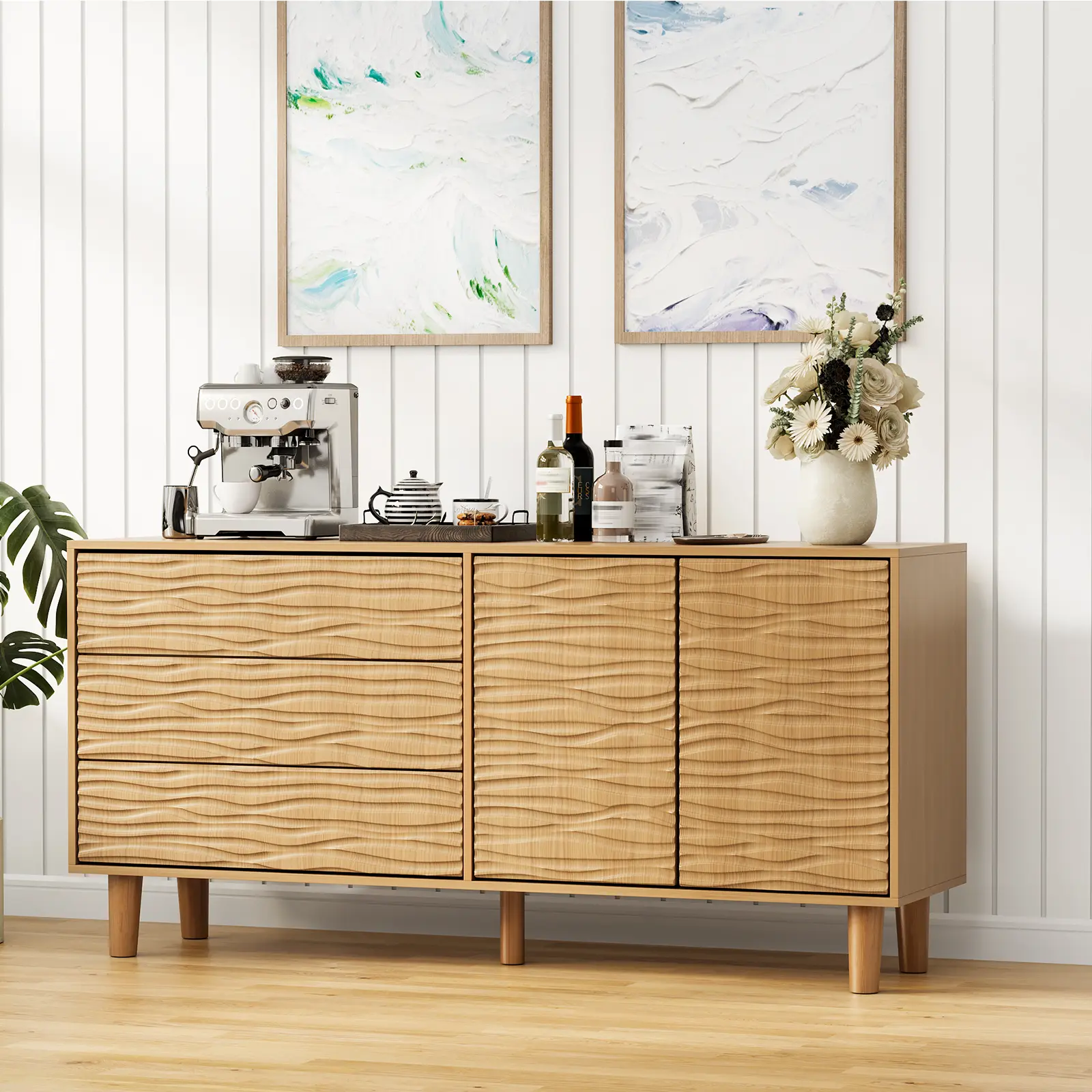 61" Wood Kitchen Storage Cabinet - MDF Sideboard Buffet with 2 Sliding Doors, 3 Drawers, Undulating Fluted Design, Large Capacity, 15.8"d x 61"w x 29.1"h, Assembly Required for Dining Room, Living Room