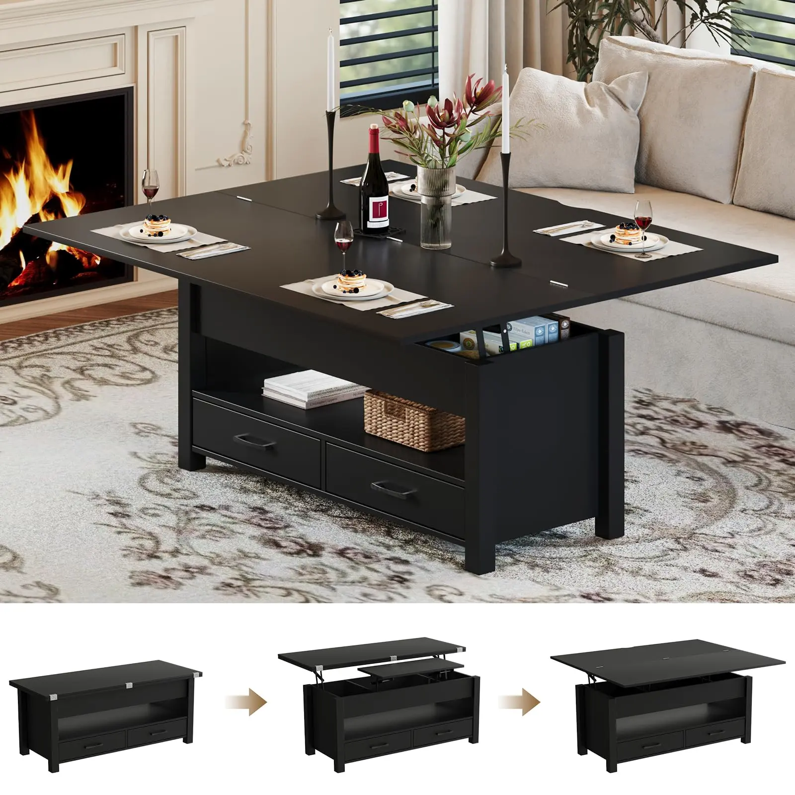 Garvee 40 Inch Walnut Lift-Top Coffee Table with Split Lift Design, 4-in-1 Height Adjustable Top, 2 Storage Drawers, Hidden Compartments, Open Shelf, Convertible to Dining Table, Farmhouse Style