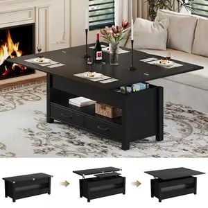 YJ-Garvee 40 Inch Walnut Lift-Top Coffee Table with Split Lift Design, 4-in-1 Height Adjustable Top, 2 Storage Drawers, Hidden Compartments, Open Shelf, Convertible to Dining Table for Living Room, Office,Multiple colors