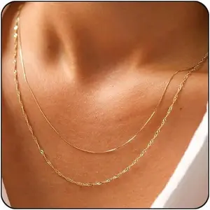 Women's 18k Gold-Plated Stainless Steel Thin Layered Chain Necklace Set, Dainty Non Tarnish Jewelry, Waterproof Stackable Gold Necklace Women for Gifts