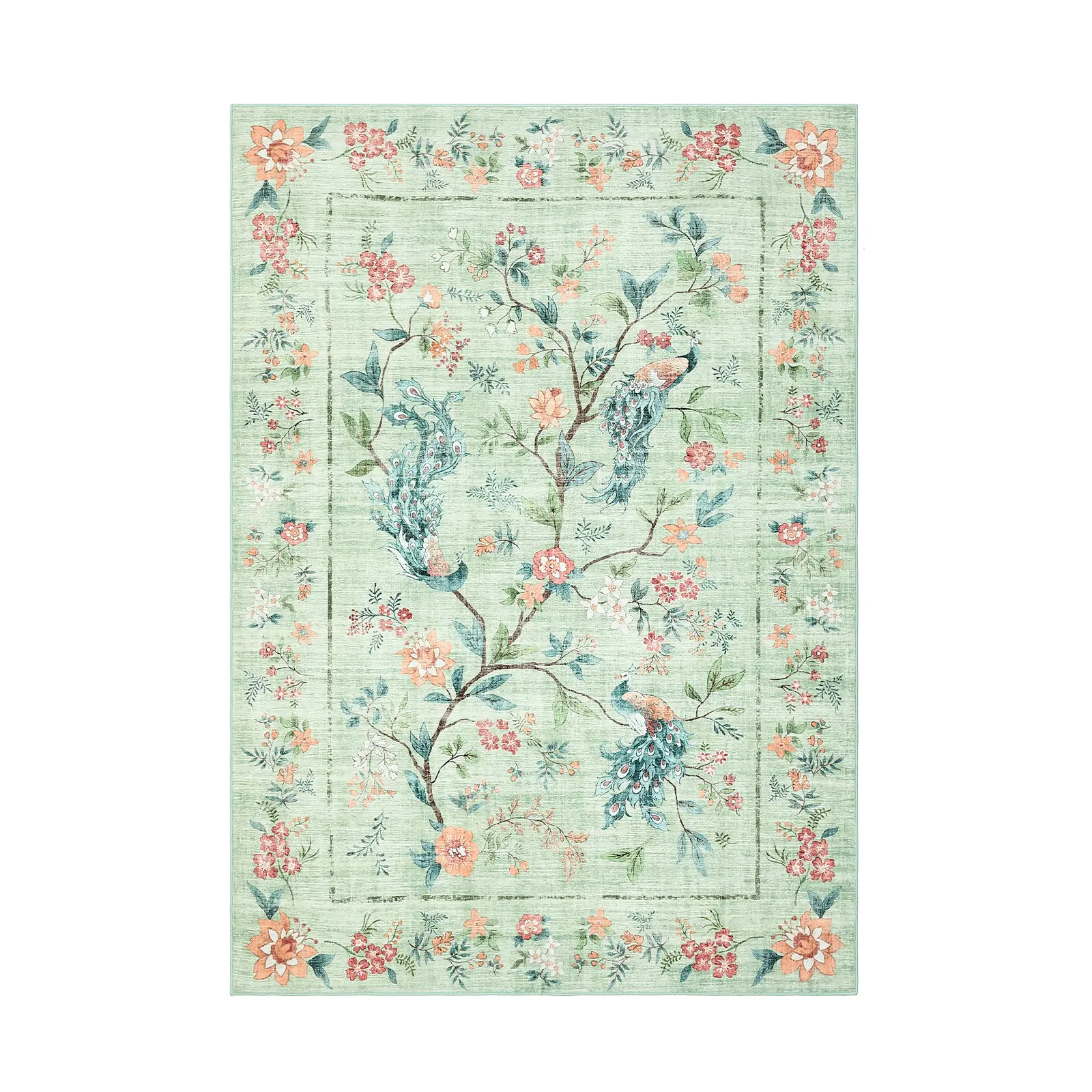 Faux Cashmere Floral Area Rug - Fine Yarn, Washable, Lightweight, Foldable, Country Peacock Blossom Design, Quick Cleaning, All-Around Solution for Living Rooms & Bedrooms