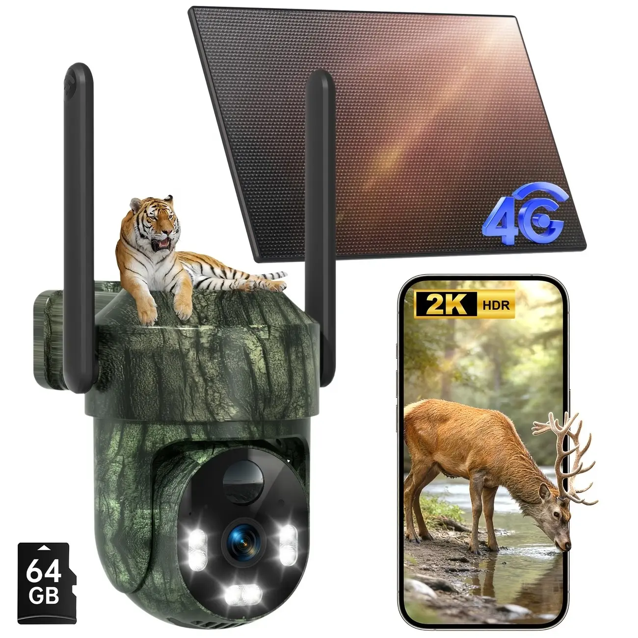 4G LTE Cellular Solar Surveillance  Security Camera – 2K HD Video 360° View,No WiFi,WaterProof,Motion Activated, NightVision, 4G Data Card Included (Data refill is required for Unlimited 4G data usage)，64G SD Card Included (for video storage)