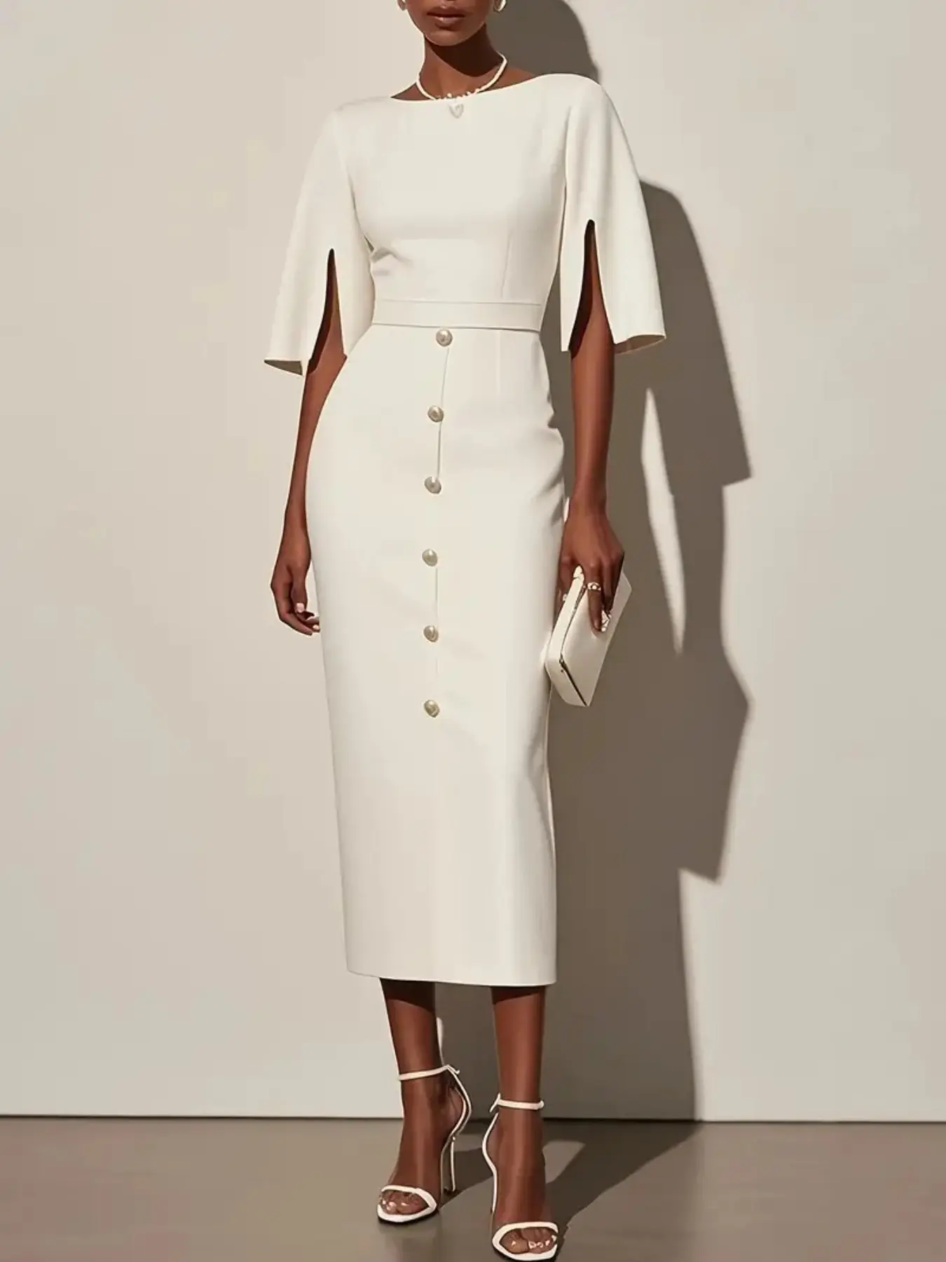 Women's Elegant Round Neck Midi Dress, Spring Summer Solid Color Fitted Formal Wear Evening Party Dress, Half Sleeve Button Decorated Bodycon Gown