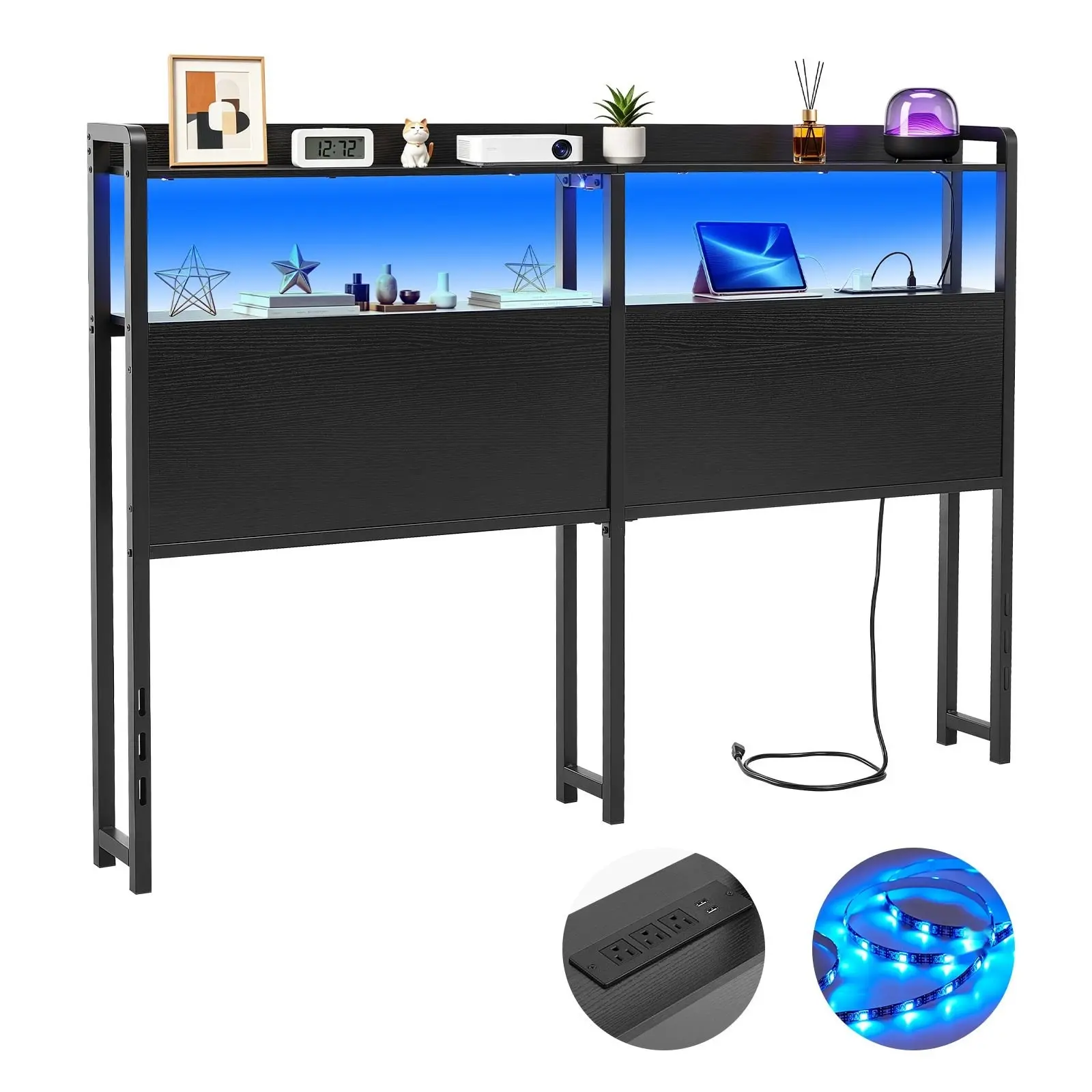 Queen Size Bed Headboard with Built-In Storage Shelves, LED Reading Light, Three Outlets and Three USB Ports, Sturdy Carbon Steel Frame, Integrated Charging Station, Adjustable Height, Black Finish