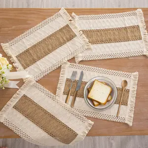 Set of 4 Boho Placemats, Macrame Table Decor and Farmhouse Style Placemats, Natural Cotton Burlap Tableware for Dining Table, Room & Wedding Gifts Coasters