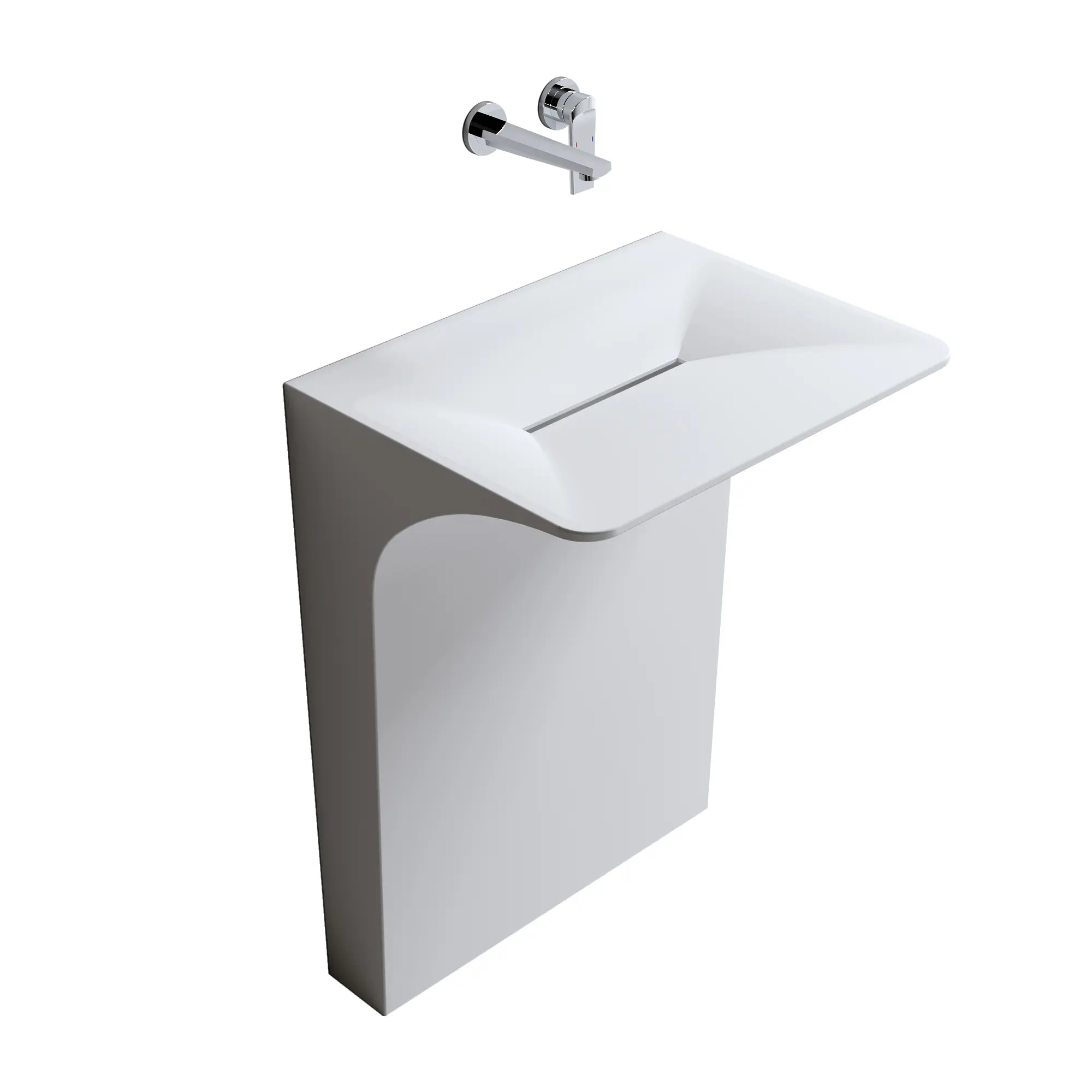 Luxury Modern Pedestal Sink, Modern Solid Surface Freestanding or Wall-Mount Basin with Drain Assembly, pedestal sinks for bathrooms，One-Piece Floating Bathroom Vessel Sink with Hidden Linear Drain, White, for Small Bathroom & Powder Room