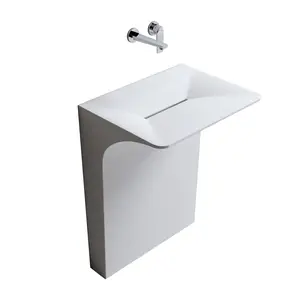 Luxury Modern Pedestal Sink, Modern Solid Surface Freestanding or Wall-Mount Basin with Drain Assembly, pedestal sinks for bathrooms，One-Piece Floating Bathroom Vessel Sink with Hidden Linear Drain, White, for Small Bathroom & Powder Room