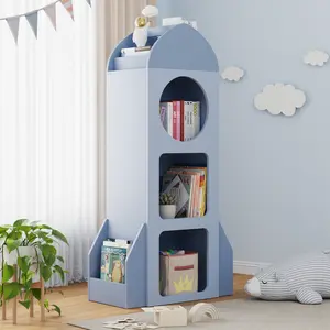 Arlopu Kids Bookshelf and Toy storage, 3-Tier Rocket Baby Book Shelf with Side shelves, Wood Open Toddler Bookcase, Spacious Display Organizer for Children Playroom, Bedroom, Nursery, School