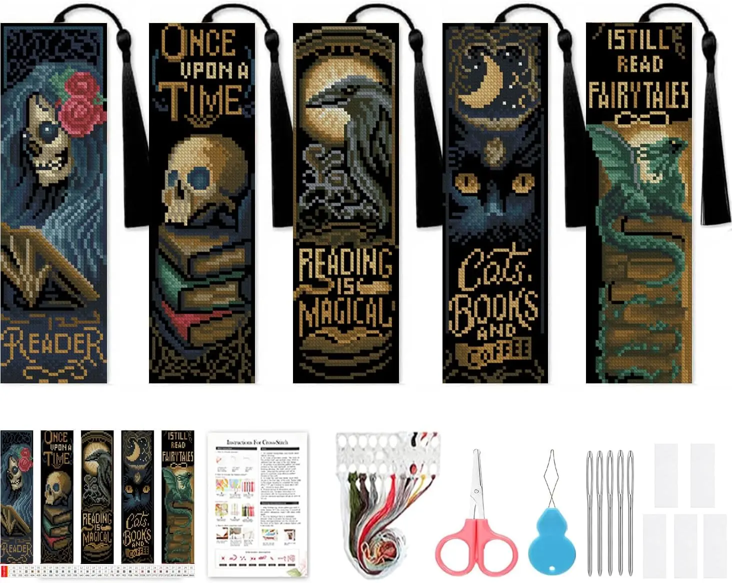 5 Pcs Gothic Stamped Cross Stitch Bookmark Kits for Adults Beginners | 14 CT Dark Academia Cross-Stitch Kits,DIY Arts and Crafts for Adults,Whimsigoth Embroidery Bookmarks Kit for Adults 8''x2.4''