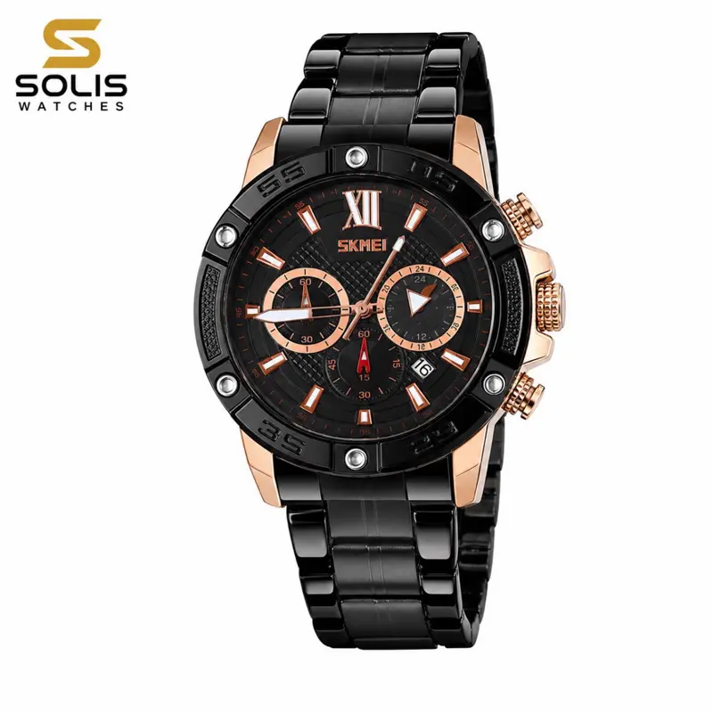 SKMEI Men’s Black & Rose Gold Chronograph Watch – 3ATM Water Resistant