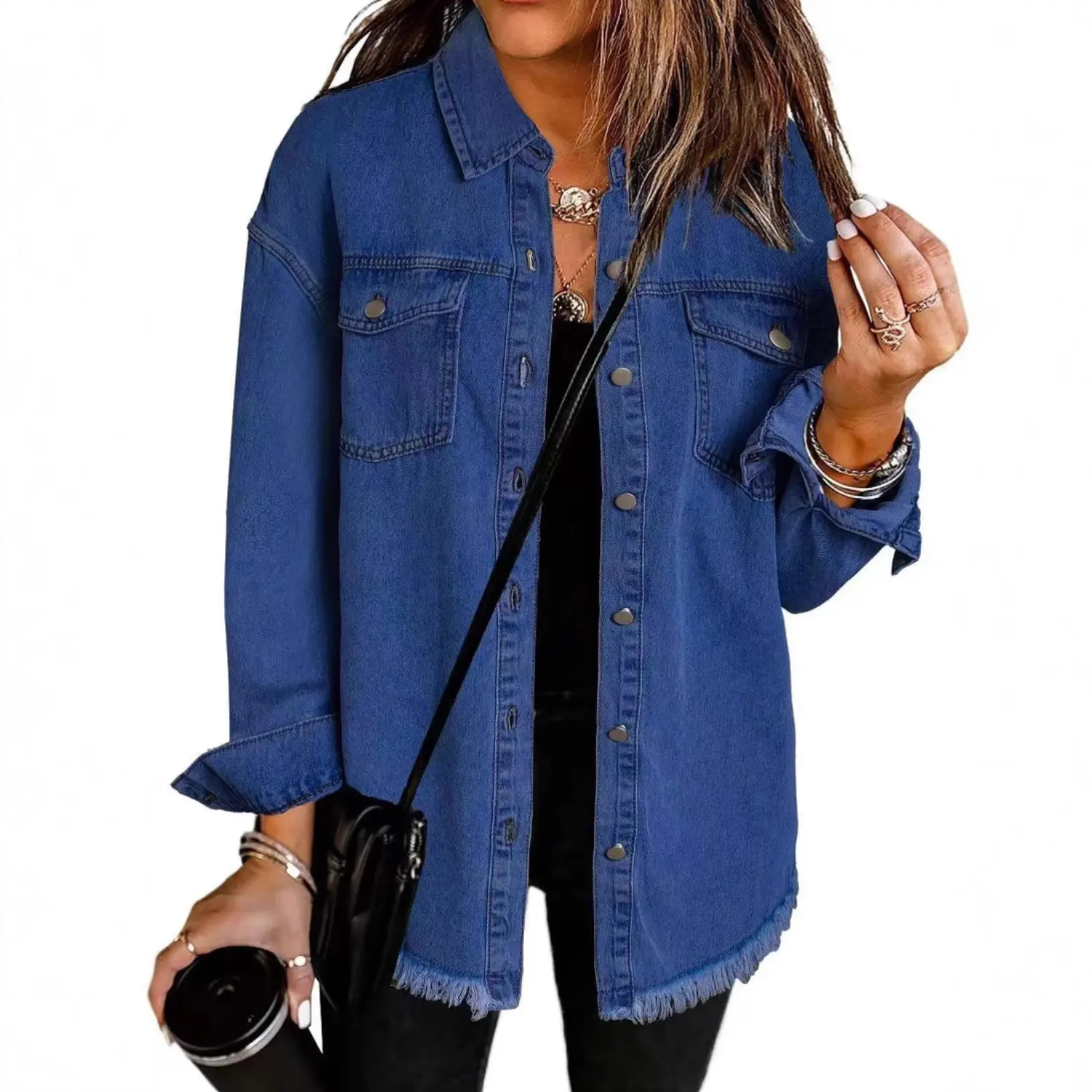Women's Chic Fringe Denim Jacket with Collared Neck, Casual Loose Fit Button-Up for Spring & Fall, New Year