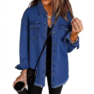 Women's Minimalist Basic Raw Hem Denim Shacket, Long Sleeve Loose Fit Button-Up Tops, Distressed Effortless Chic Coats for Spring & Fall,summerwins summerwins