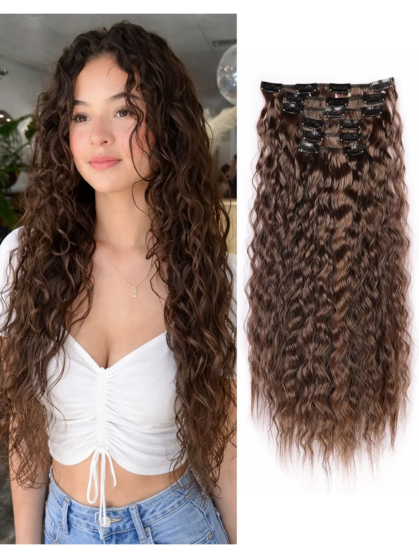 Brown Glueless Kinky Curly Clip in Hair Extensions, 6PCS Hair Extensions 24" Long Curly Wavy Synthetic hair extensions Natural Thick Deep Wave Hairpieces Curly Hair Extensions Clip Ins