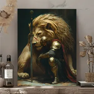 1 Piece Framed Warrior and Lion Vintage Wall Art - Wooden Frame Wrapped Canvas Poster, Classic Historical Battle Theme, Suitable for Living Room Decoration - Perfect Gift for New Home Move-in and Cultural Decoration (Framed Wrapped Canvas), 2D Graphic Des