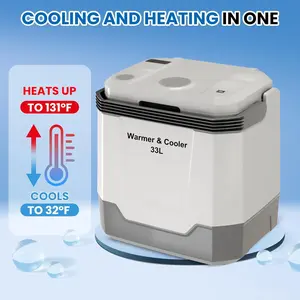 【Christmas Gift】35 QT (33 L) Electric Cooler & Warmer, Portable Car Refrigerator With Automatic Locking Handle, 12V Car Cooler for Vehicle & Trucks, 110V AC Home Power Cord, Plug In Coolers, Grey