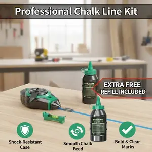 Chalk Line Reel Kit with 2 Bottles of Blue Chalk - 100ft Self-Winding Chalk Box & Line Level Set for Carpentry, Smooth Chalk Feed