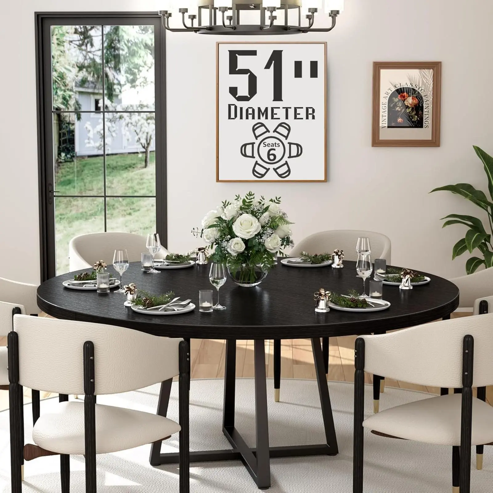 Black Round Dining Table, 51 Inch Modern Circular Kitchen Table, Wood Grain Top with Metal Base, Space-Saving Dining Table for 4–6 People