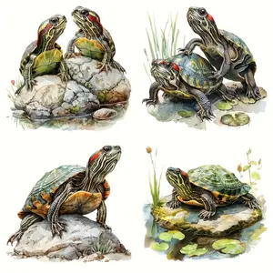 4 Pcs Red Eared Slider Turtle Heat Transfer Patches DIY Iron on Appliques for T Shirts Canvas Bags Pillows