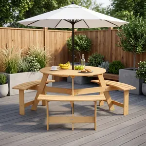Eyisean 3/6 Person Wood Picnic Table, Outdoor Round Picnic Table with 3 Built-in Benches, Umbrella Hole, Outside Table and Bench Set for Patio, Backyard, 500lbs Capacity Per Bench