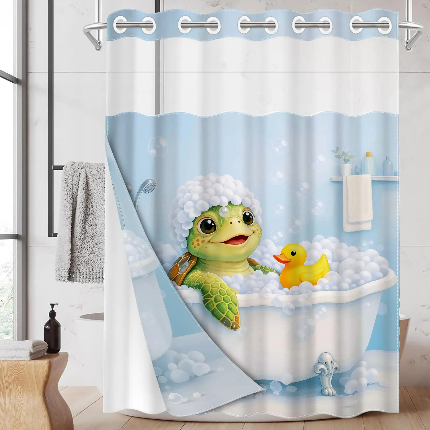 1PC Double Layer Printed Shower Curtain, No Hooks With Liner, Cute Bathing Turtle Print Waterproof Fabric, Kids Friendly Bathroom Decor And Accessories, Detachable Buckle Shower Curtain and Liner Set, Bathroom Room Divider