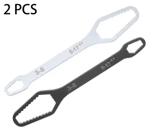 2PCS Self Locking Multifunctional Wrench, Double-Ended Universal Adjustable Self-Tightening Tool (3-17mm), Silver & Black Galvanized Electrophoresis for Home & Car Repair, Self Locking Wrench