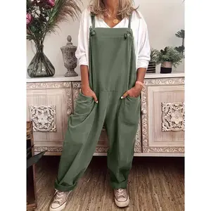 Plus-size solid-color wide-leg jumpsuit, no inner top included, casual pocket design, sleeveless summer workwear, women’s everyday wear