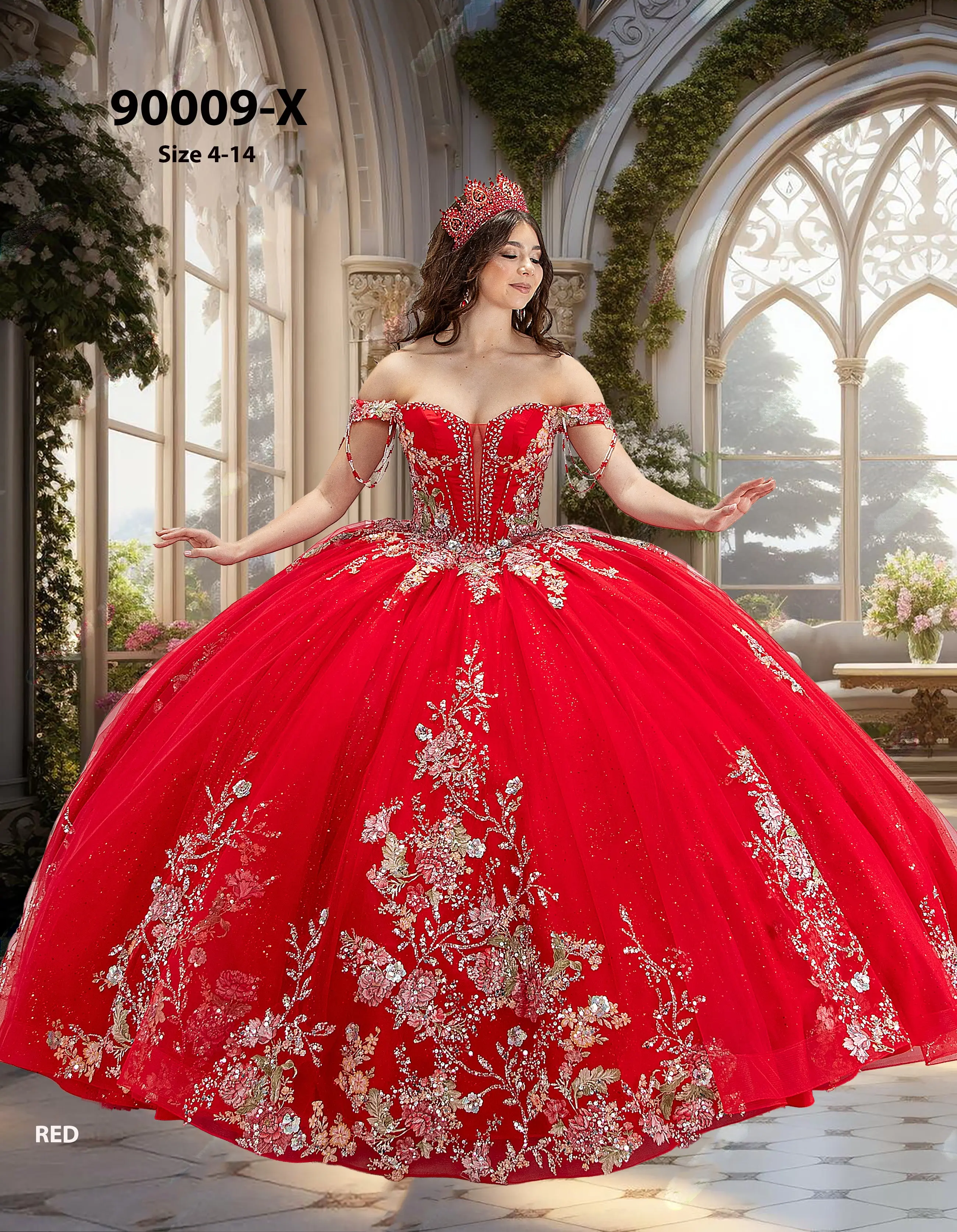 Luxury Red Quinceañera Dress 90009-X – Off-the-Shoulder Beaded Corset Ball Gown with Detachable Bow & Cathedral Train