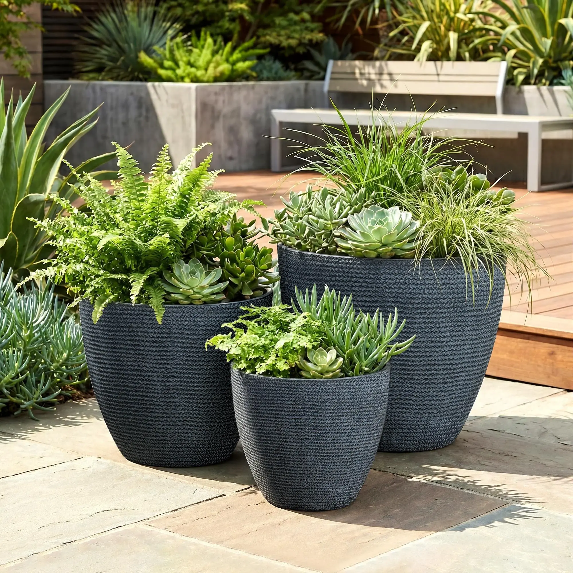 3-Piece Modern Tapered PE Flower Pot Set with Waist Design - Shatterproof & Lightweight Planters for Indoor Outdoor Plants, Small to Large Garden Pots