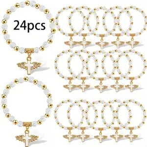 24pcs Beaded Cross Pendant Elastic Bracelets, Multifunctional Jewelry, Perfect for Baptism, First Communion, Birthday, Wedding, Anniversary Gifts