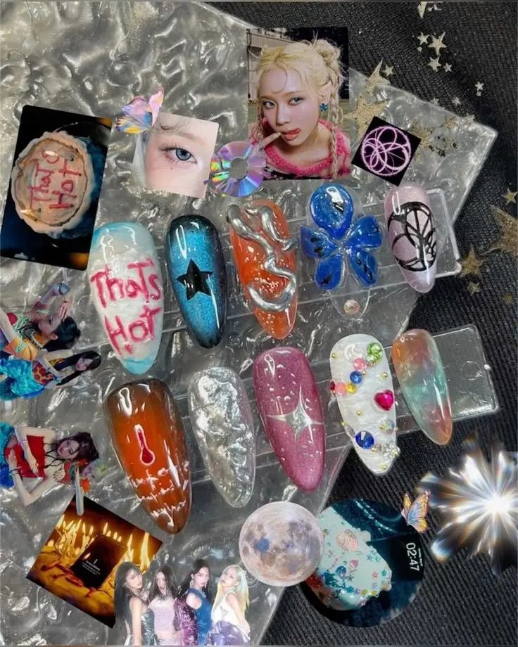 K-Pop Y2K Press On Nails, 3D Star Chrome Mirror “That’s Hot” Fake Nails, Trendy Korean Style Handmade Gel Nail Set with Free Adhesive Tabs Nail File & Cuticle Stick