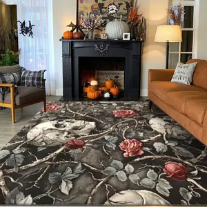 Dark Rose Skull Pattern Printed Floral Area Rug for Halloween, Versatile Home Decor Carpet, Large Living Room Mat for Sofa and Bedroom, Multiple Sizes Available, Floral Rugs