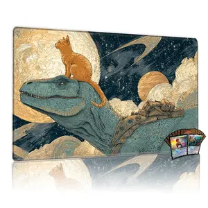 Cosmic Cat & Dinosaur MTG Playmat - 12x24in Non-Slip TCG Game Mat, Ideal for Card Game Enthusiasts, Party & Family Use, Perfect Gift for Gaming Lovers
