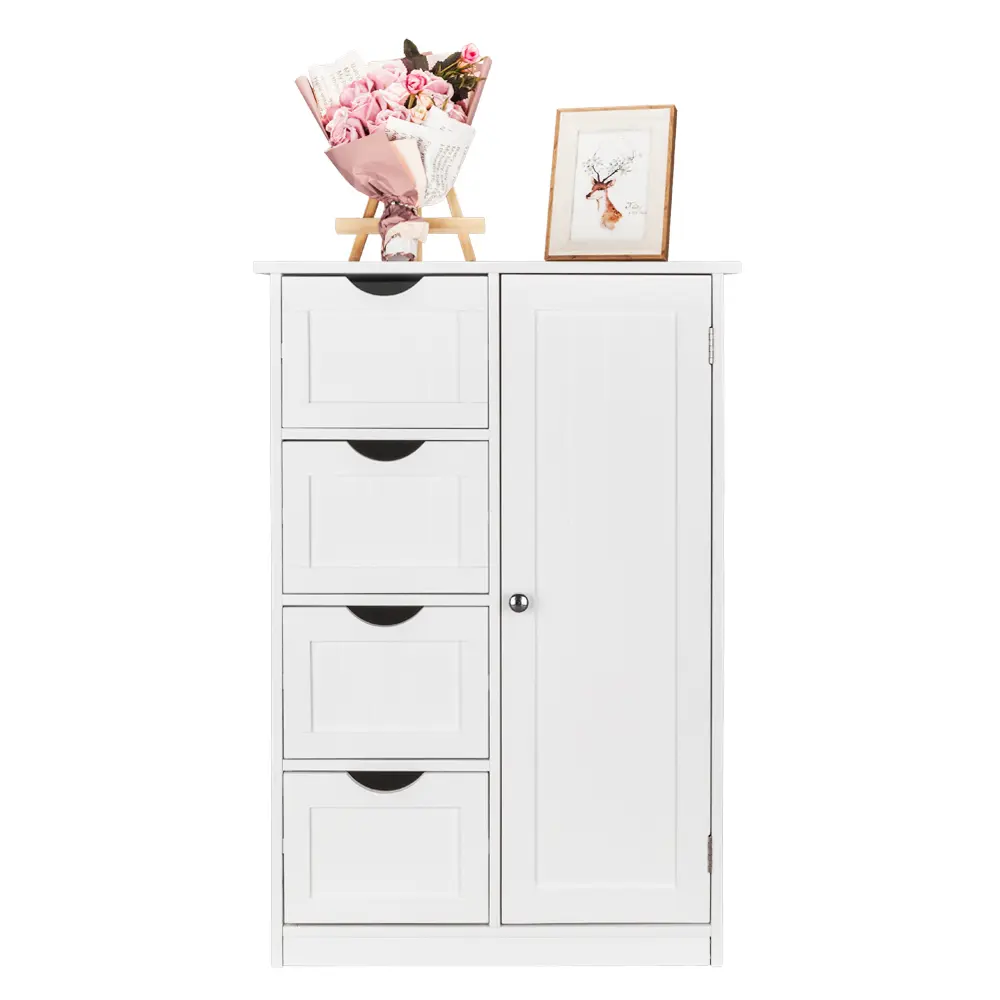 Karlhome Wooden Floor Cabinet, Side Storage Organizer with 4 Drawers and 1 Cupboard, Freestanding Entryway Storage Unit Console Table, Bathroom Furniture Home Decor, White