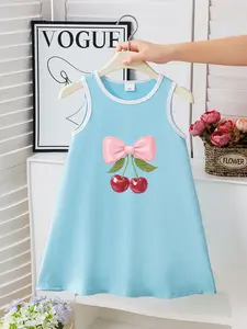 Summer Girls' Dress, Bow Cherry Pattern, Sweet Cute Style, Sleeveless A-Line, Loose-Fitting, Perfect for Daily Outing, Birthday Party, Photo Shoots, Cherry Print Dress