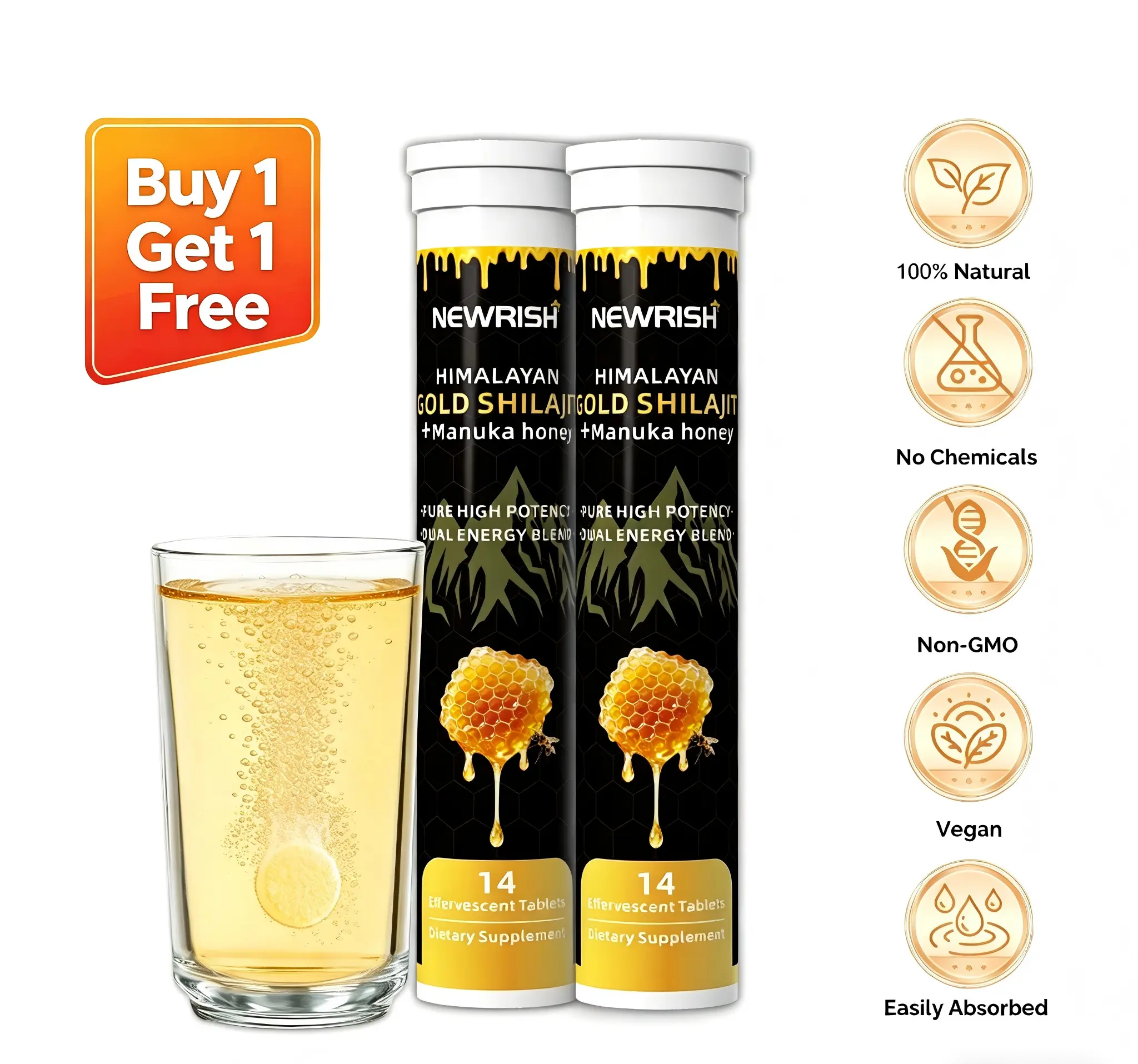 Newrish Pure Himalayan Shilajit Effervescent Tablets – Natural Energy & Stamina Support – Non-GMO – Lab-Certified / 85 Trace Minerals – Buy 1, Get 1 Free