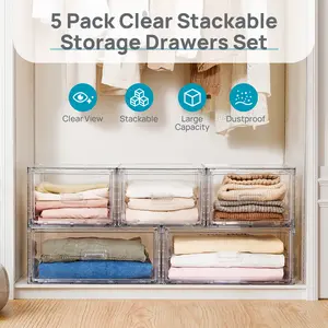 [Video Only] Vtopmart 2/5 Pack Large Clear Rectangle Stackable Drawers (27QT), Easily Assembled Plastic Organizer Storage, Dustproof Clothes Storage Organizer for Closet, Underbed Use