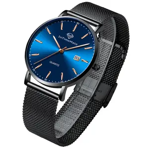 INTIMEMATE Ultra-thin Men's Watch Blue Dial Stainless Steel Waterproof Luminous Date Rose Gold Hands Black Mesh Strap Minimalist Business Casual Quartz Wristwatch