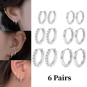 6 Pairs Sterling Silvery Women's Small Hoop Earrings, Hypoallergenic Small Synthetic Cubic Synthetic Zirconia Cartilage Earring Set for Many Piercings Fashion Jewelry